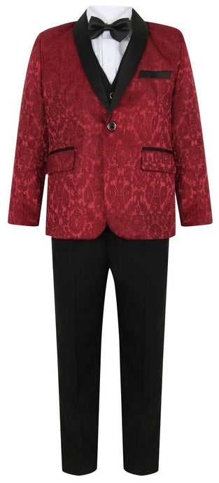 Printed Brocade Wedding Suit 5 Piece Set - Maroon Burgundy - Waniwarehouse